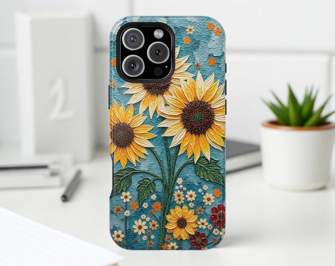 Phone Colorful Sunflower MagSafe Tough Case - Unique Whimsy Boho Art Birthday Gift, Protective Cover, 13-16 Pro Max Plus. Magnetic Cases