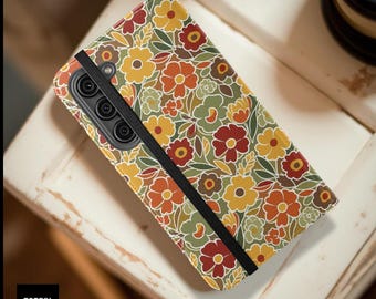 Retro Floral Pattern Faux Leather  Flip Case | Vintage Flower Phone Wallet, Fall Colors