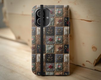 Patchwork Quilt Pattern Wallet Phone Case | Vintage Floral Faux Leather Phone Cover