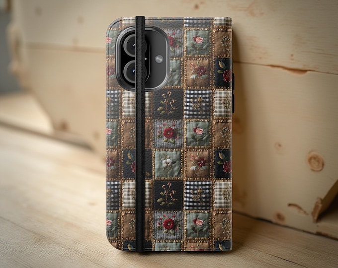 Patchwork Quilt Pattern Wallet Phone Case | Vintage Floral Faux Leather Phone Cover