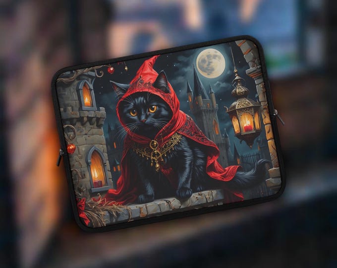 Goth Black Cat Laptop Tablet iPad Sleeve - Castle Witchy Celestial Halloween, Gift Daughter Back to School birthday