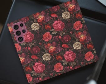 Red Dark Moody Floral Romantic iPhone Cover Wallet Case 16 15 14 13 12 Pro Max Plus Samsung S25 S24 S23 Stand cardholder