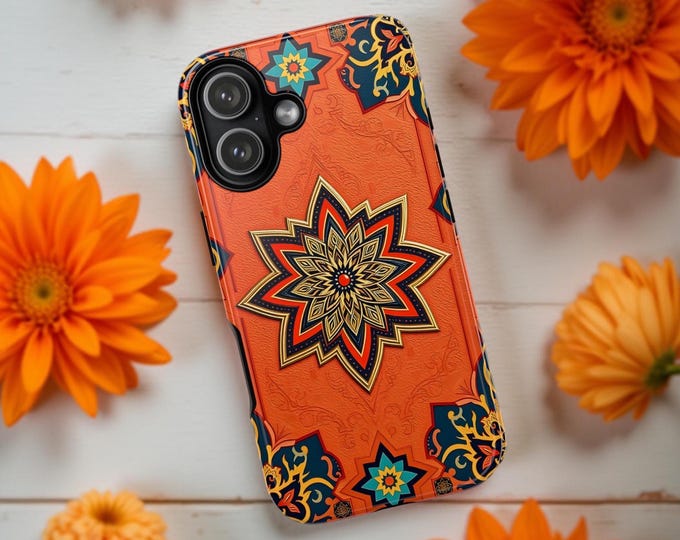 Orange Boho Mandala Phone Case: unique Art, Dual Layer Protection