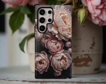 Peony Floral Phone Case: Chic Moody Design, Dual Layer