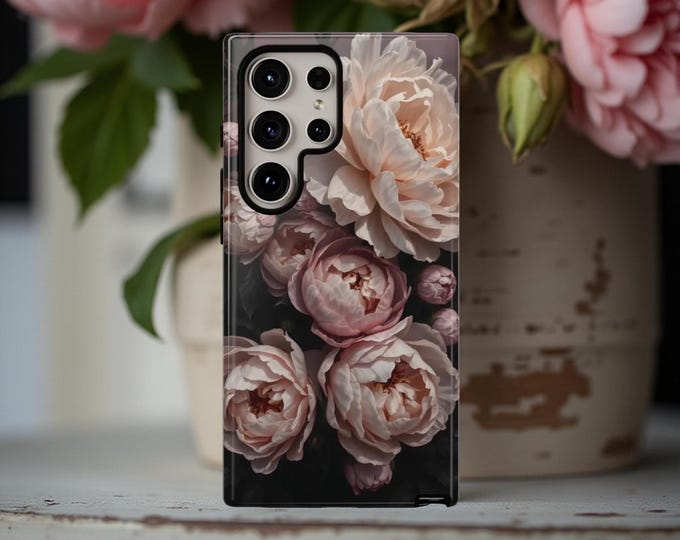 Peony Floral Phone Case: Chic Moody Design, Dual Layer