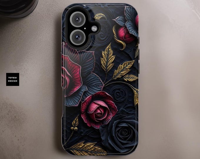 Phone Case, Elegant Chic Dark Winter Gothic Floral Impact Resistant iPhone 16 15 14 12 11 Pro Max, Pro, Plus Glossy or Matte