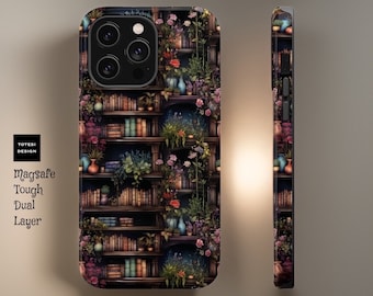 Magsafe Compatible Dark Vintage Book Shelf Floral Plant aesthetic iPhone case - iPhone tough case - 16 15 14 13 Pro Max Plus Mini