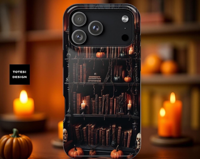 Fall MagSafe iPhone 17 case Bookshelf Spooky Halloween bookish cute aesthetic tough phone case 13 14 15 16 Pro Max Plus| Goth gifts