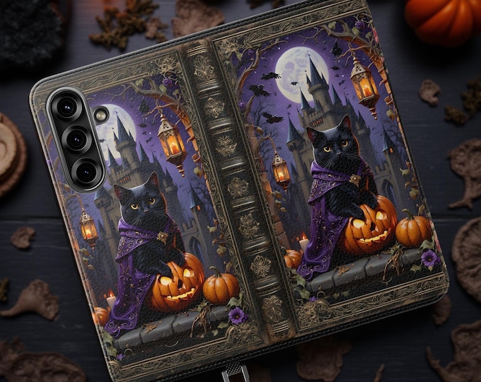 Halloween Cat Faux Leather Phone Flip Case: Spooky Gothic Bookish Style