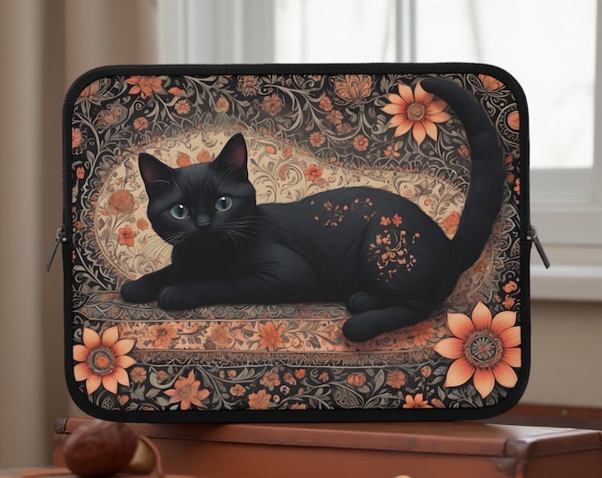 Floral Boho Cat Laptop Sleeve - Stylish and Protective Case, Perfect for Cat Lovers, Gift for Birthdays, Floral