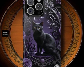 Gothic Black Cat iPhone Case: Purple Witchy Halloween Tough Case