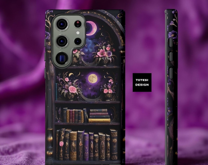 Gothic Samsung  phone cases magical bookshelf, Book lover fantasy, iPhone Google Pixel, celestial Matte or Glossy, Gift for Teen Daughter