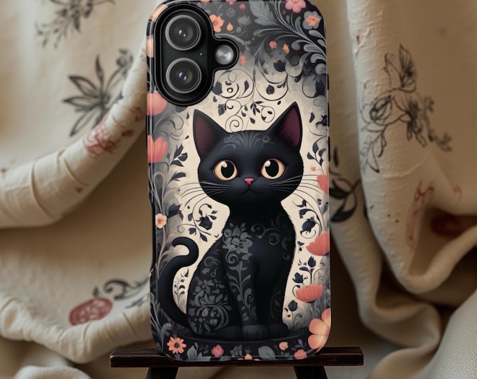 Black Kitty Cat Floral Phone Case: iPhone, Samsung Galaxy Tough Cover