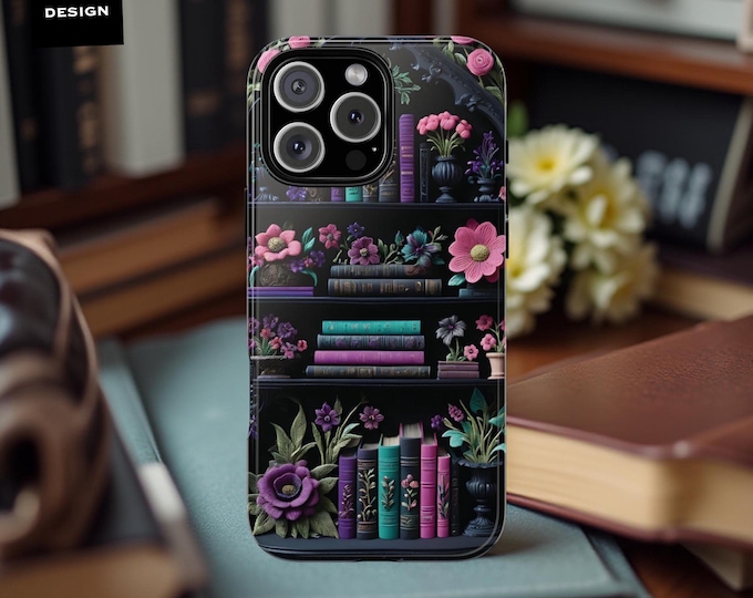 Cute Bookcase Books Floral Bookshelf iPhone tough dual layer phone case 16 15 14 13 12 11 Pro Max Plus, Samsung S25 S24 S23 S22 Plus Ultra