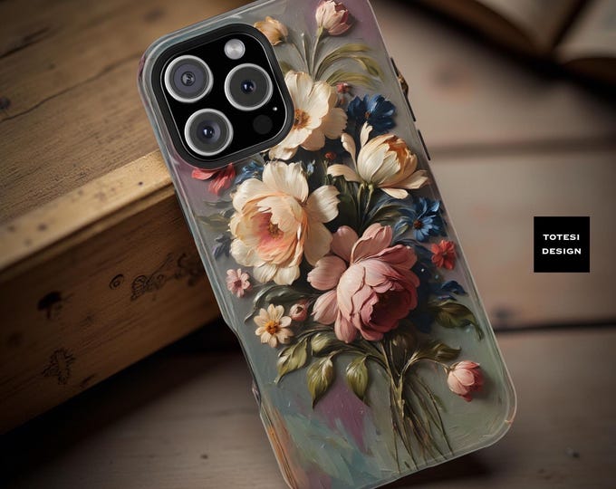 Dark Floral Art MagSafe iPhone Tough Case: Gray Vintage Design