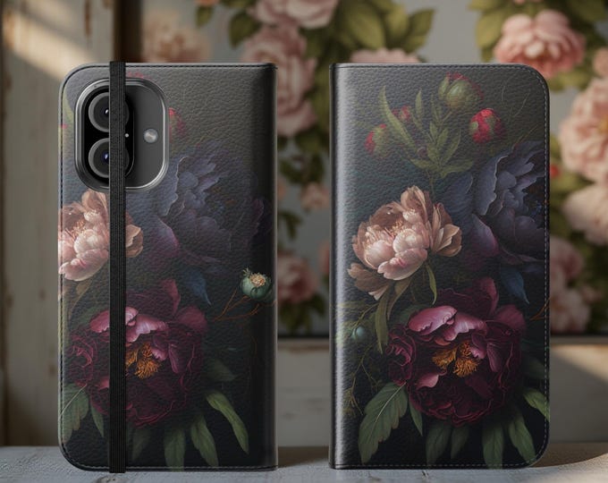 Moody dark floral Goth Wallet phone case, Dark Moody Floral Bouquet, iPhone 16 15 14 13 Pro Max Plus, S25 S24 S23 S22 Plus Ultra