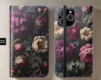 Dark Floral iPhone Wallet Case: Faux Leather Flip Cover with Stand