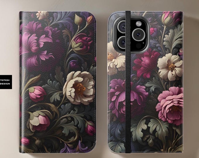 Folio Wallet Phone Case, Dark Moody Floral Art, Stand & Cardholder, iPhone 16 15 14 13 12 Pro Max Plus, Faux Leather, Flip Cover, Unique