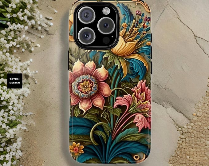 Chic Bold Vintage Floral iPhone Samsung Google Tough Case 16 15 14 13 12 Pro Max Plus| S24 S23 S25 Plus Ultra Mini | Boho | Glossy or Matte