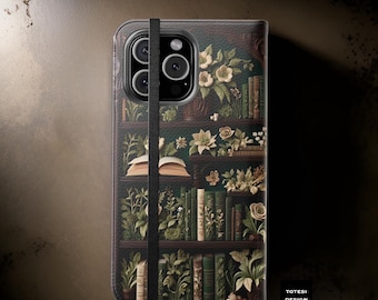 Folio Wallet, Bookshelf Botanical iPhone Case, Gift for Bookworm, Vintage Floral Phone Cover Stand, Flip Cases