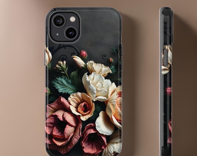 Gothic Dark Chic Floral Tough Phone Case, Samsung Galaxy S24 S23 S22, Protective Dual Layer iPhone Case, 16 15 14 13  Tough Phone