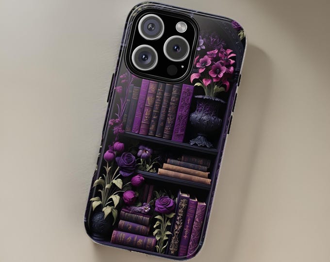 Purple gothic dark academia floral books bookshelf, iPhone Samsung Galaxy Gift, Tough Cases Alternative Names: Owl Phone Cover, Floral Phone