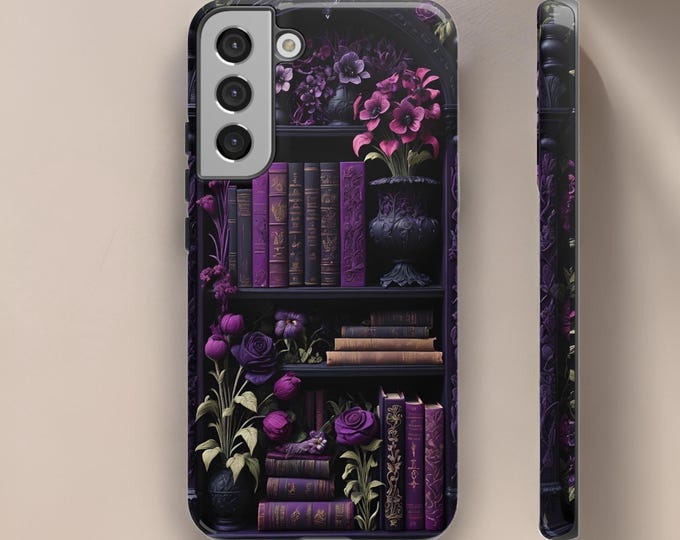 Purple gothic dark academia floral books bookshelf, iPhone Samsung Galaxy Gift, Tough Cases, Floral phone case, romantic, vintage inspo