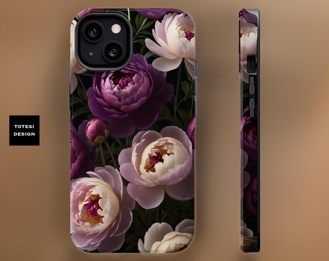Dark floral Peonies Magnetic iPhone Case - MagSafe Compatible dual layer tough case Bold Purple Cream Peonies 16 15 14 13 Pro Max Plus Mini