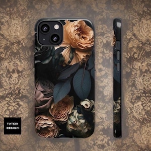 Dark Floral Academia, iPhone Tough Case 11, 12,13,14 15 16 Pro Max Plus Samsung Galaxy| ornamental Victorian Gothic floral,Glossy or Matte