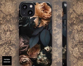 Dark Floral Academia, iPhone Tough Case 11, 12,13,14 15 16 Pro Max Plus Samsung Galaxy| ornamental Victorian Gothic floral,Glossy or Matte