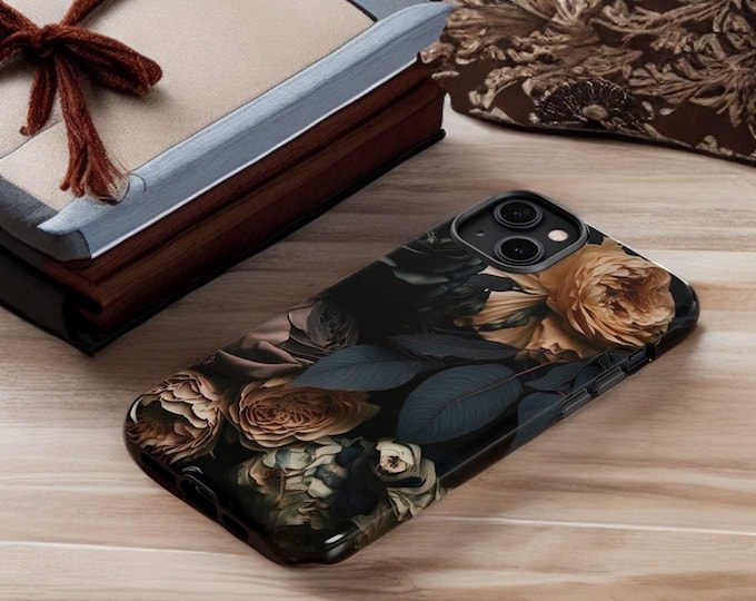 Dark Floral Academia, iPhone Tough Case 11, 12,13,14 15 Pro Max , Pro Max, Mini, Plus| ornamental Victorian Gothic floral,Glossy or Matte