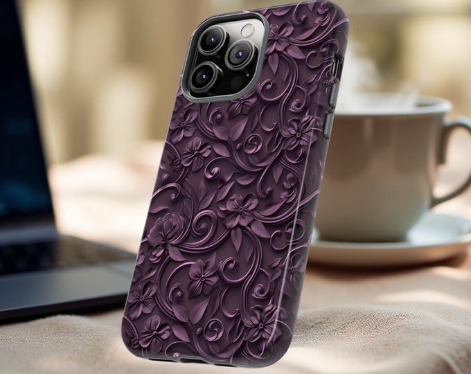Dark Floral Purple Phone Cases for Samsung Galaxy and iPhone - Glossy Matte Finish, S25 S24 S23 S22 S21 Plus Ultra, 16 15 14