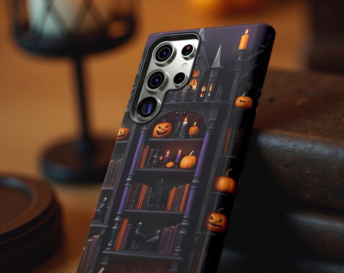 Goth Halloween pumpkins Spooky Bookcase Pumpkins Fall  iPhone Cases Tough 16 15 14 13 12 11, Samsung Galaxy S25 S24 S23 S22 Glossy or Matte