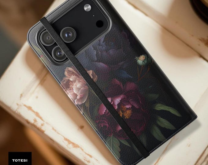 Dark Floral Wallet Phone Case: Goth Bohemian Faux Leather Folio