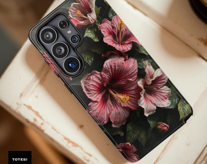 Dark Floral Hibiscus Phone Case: Impact Resistant Dual Layer