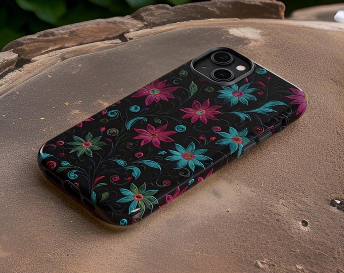 Tough Phone Case Dark Floral  Art Winter Aesthetic, Samsung Galaxy Case S24 S23 S22 S21 Plus Ultra, Google Pixel, iPhone 16 15 14 13 12