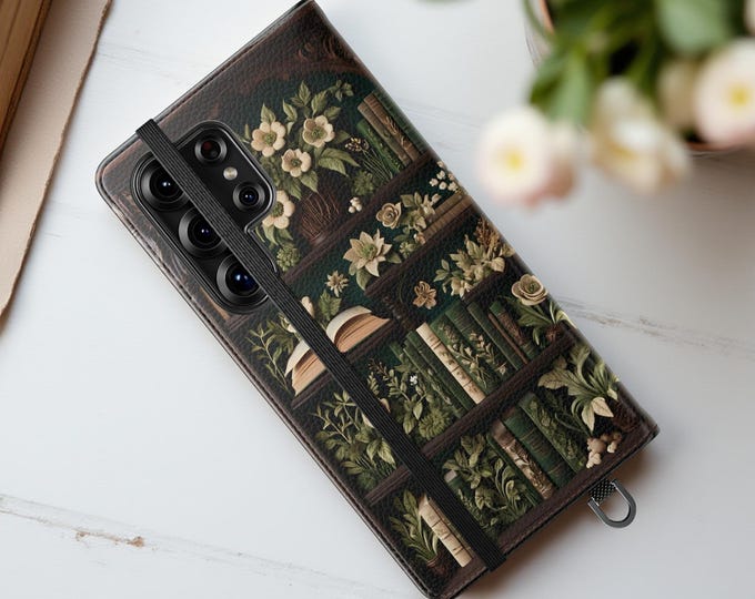 Folio Wallet, Bookshelf Botanical iPhone Case, Gift for Bookworm, Vintage Floral Phone Cover Stand, Flip Cases