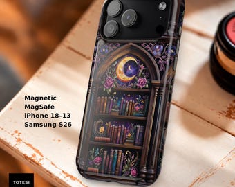 May include: A phone case featuring a dark, arched bookshelf illustration with colorful books, roses, and a crescent moon. Text on the image reads: Magnetic MagSafe, iPhone 18-13, Samsung S26, and TOTESI DESIGN. The case has a black camera cutout area.