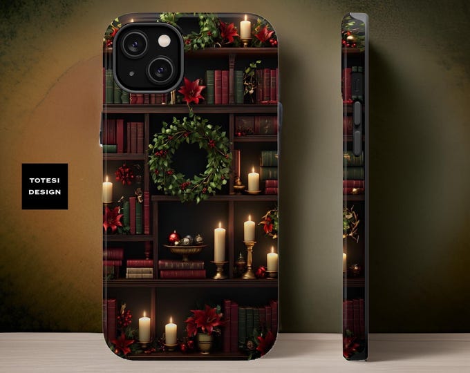 Cozy Xmas Bookcase dark academia iPhone dual layer tough sturdy case 13 14 15 16 Pro Max Plus  Glossy Matte | Gift for Daughter Halloween