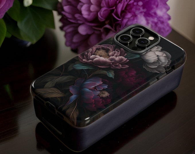 Dark Floral Art, iPhone dual layer case 15 14 13 12 11 Pro Max Plus| ornamental Victorian Gothic Black Botanical Peony Nature aesthetic
