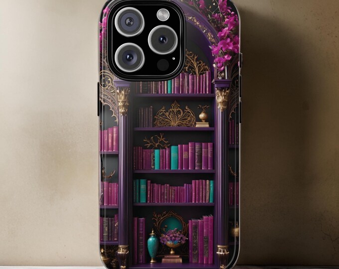 Purple Gothic Bookshelf iPhone Tough Case Book Shelf Vintage 16 15 14 13 Pro Max Plus Whimsical Glossy or Matte
