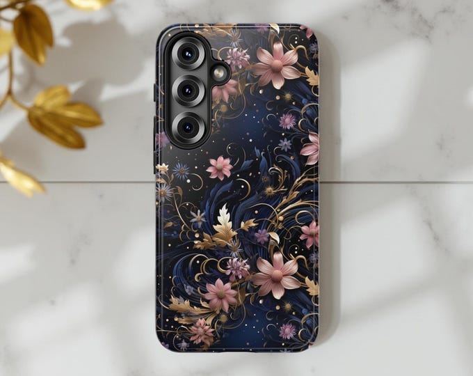 Pretty boho midnight floral garden| iPhone 16 15 14 13 12 Samsung Galaxy Case S25 S24 S23 S22 S21 Plus Ultra cases | Glossy or Matte