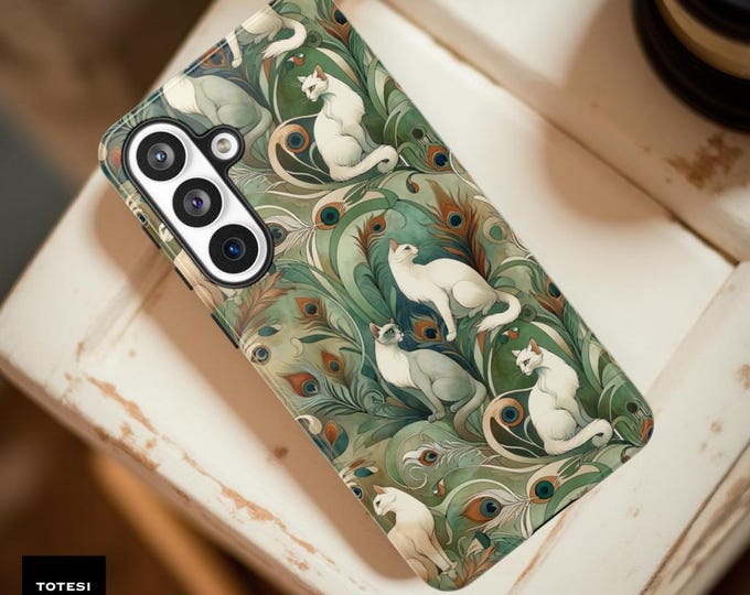 Art Deco Cat Phone Case | Green Samsung S26U S25 iPhone 17 16 tough Case
