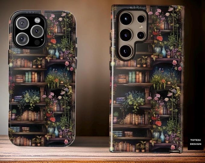 Book Case Shelves iPhone 16 15 14 13 12 11 Pro Max Plus Garden Winter Whimsical Dark Academia, Samsung Galaxy  S24 S23 S22 S21 Plus Ultra