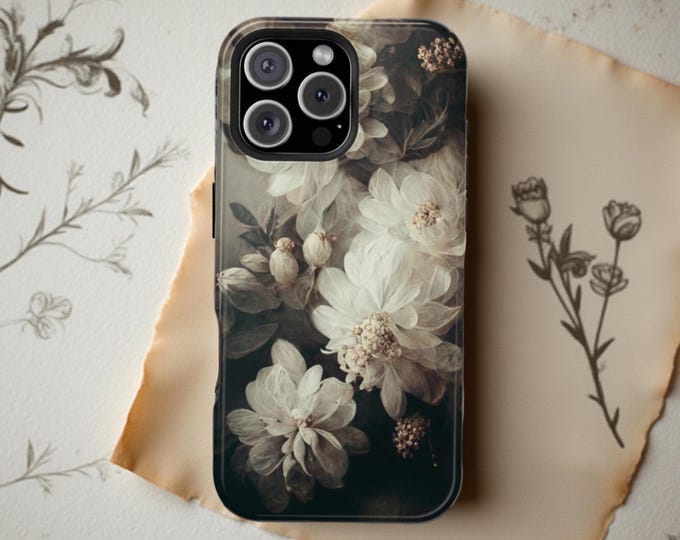 Dark Floral iPhone 15 16 17 Case: MagSafe Compatible, Dual Layer Tough Case