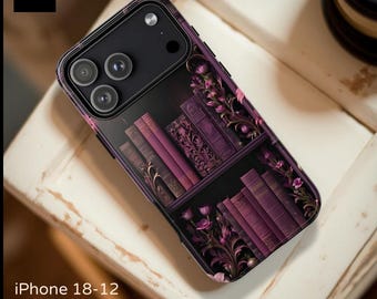 May include: A smartphone case featuring a dark purple and black design of stacked books on shelves adorned with purple floral vines. The case has a camera cutout with three lenses. Text on the image reads TOTESI DESIGN, iPhone 18-12, Samsung S26-S21.