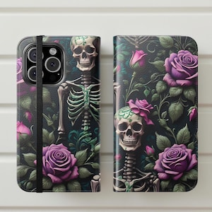 Fundas con diseño de esqueletos góticos, funda para teléfono con rosas de terror y mortalidad, accesorios góticos espeluznantes, regalos de Halloween espeluznantes, teléfono celular con estampado floral oscuro