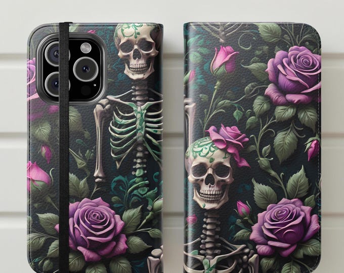 Gothic Skeletons Flip Cases, Horror Mortality Roses Phone Cover, Spooky Goth Accessories, Creepy Halloween Gifts, Dark Floral Cellphone