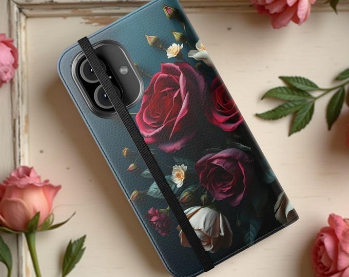 Dark Rose Floral Wallet Phone Case, Faux Leather Card Holder