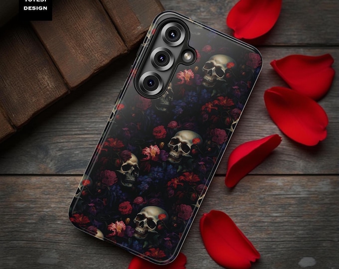 Phone Case, Gothic Skulls Red Roses, Tough Samsung Galaxy S25 S24 S23 iPhone 16 15 14 13 Google Pixel Covers, Birthday Daughter Gift, Dark